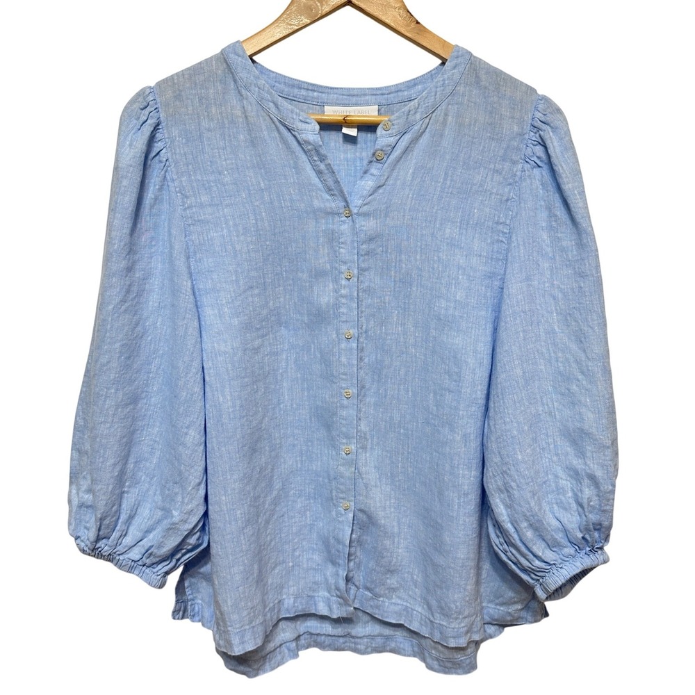 The White Company White Label 100% Linen Puff Sleeve Blouse Women 8 Blue Cottage